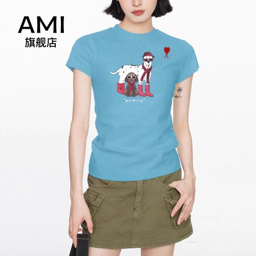 AMI官方美式印花正肩短袖t恤女夏2026新款夏季修身显瘦短款上衣
