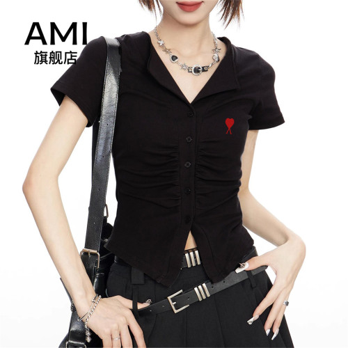 AMI官方修身褶皱v领正肩短袖女t恤夏季新款设计感甜辣短款小上衣