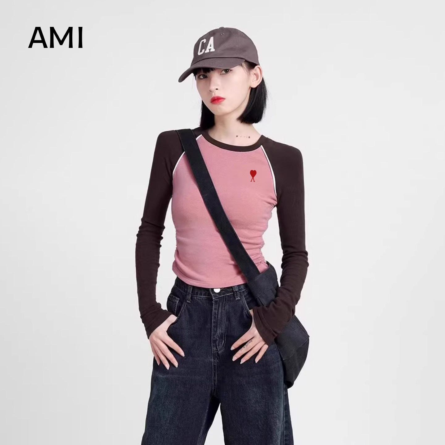 AMI官方 2026美式复古粉色插肩长袖t恤女春初春修身打底衫正品辣
