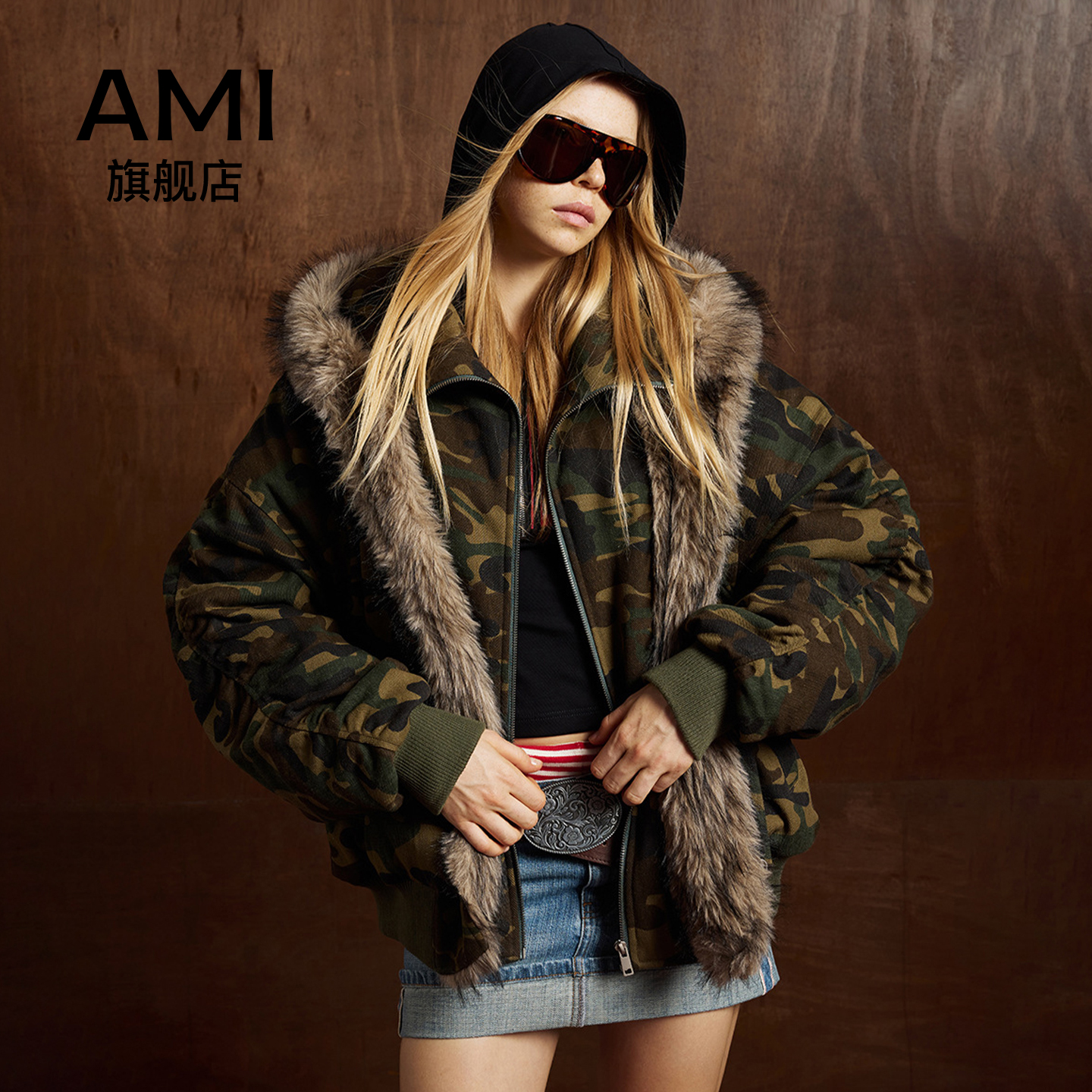 AMI旗舰店美式复古飞行员外套座山雕毛领连帽迷彩棉服男女冬季