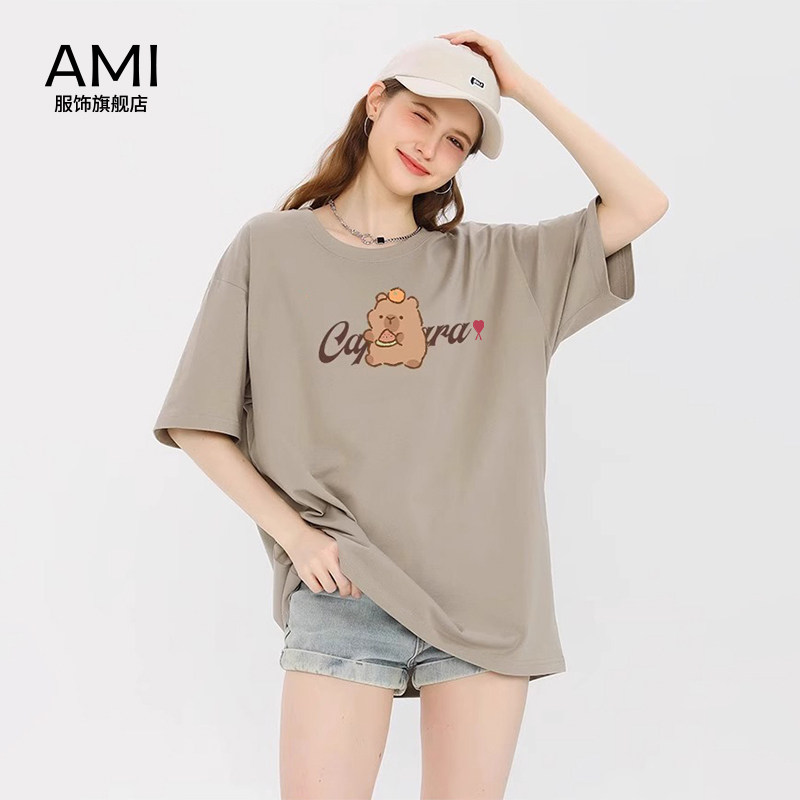 AMI官方旗舰店美式复古咖色短袖t恤女夏季正品宽松显瘦慵懒风半袖
