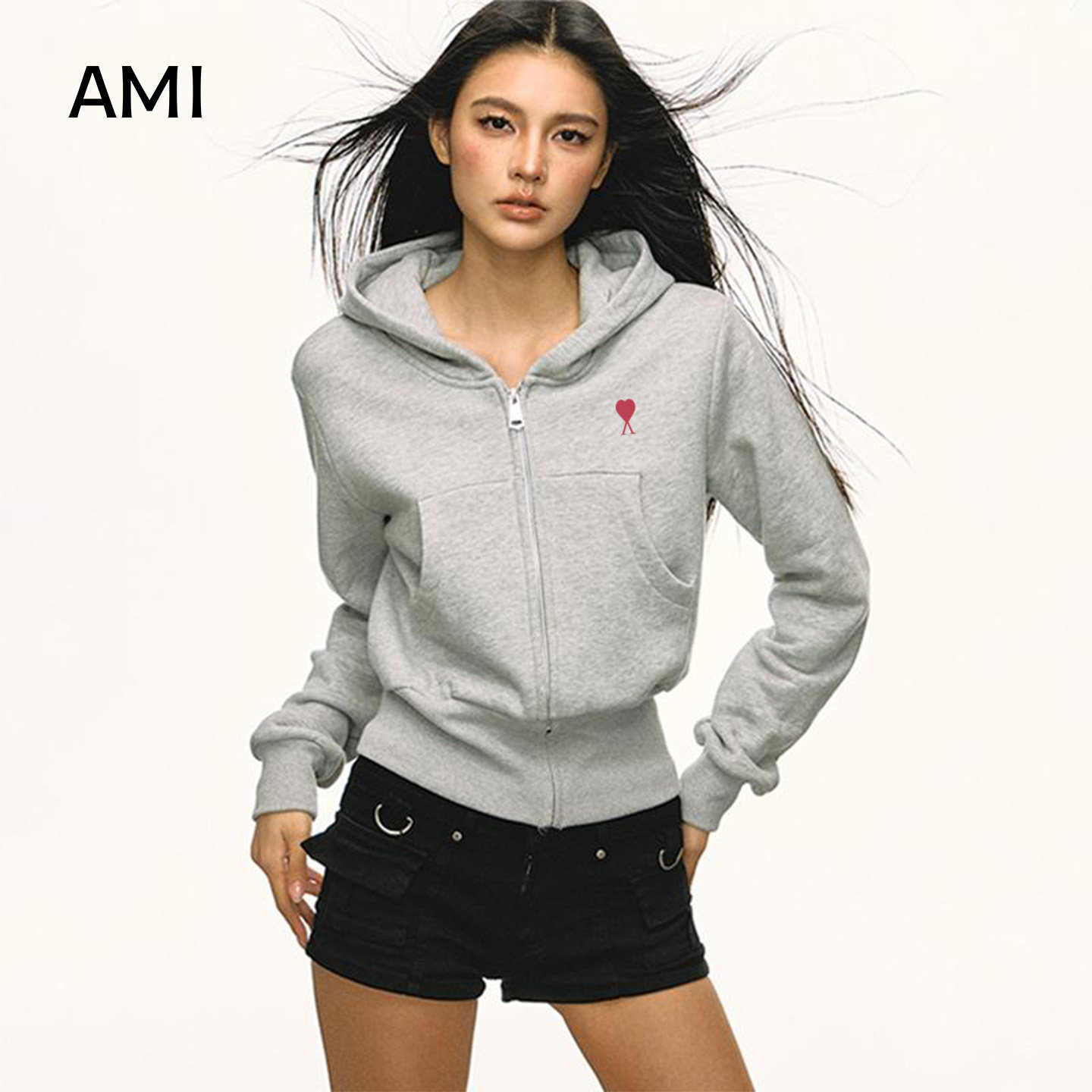 AMI官方美式灰色短款运动收腰连帽卫衣女春秋新款百搭拉链开衫外