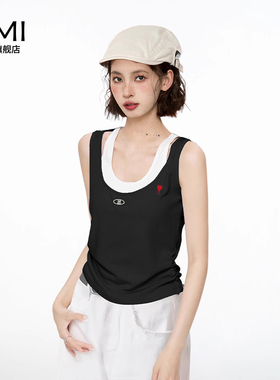 AMI 2025美式蓝色假两件无袖吊带背心女夏季外穿正品内搭上衣潮
