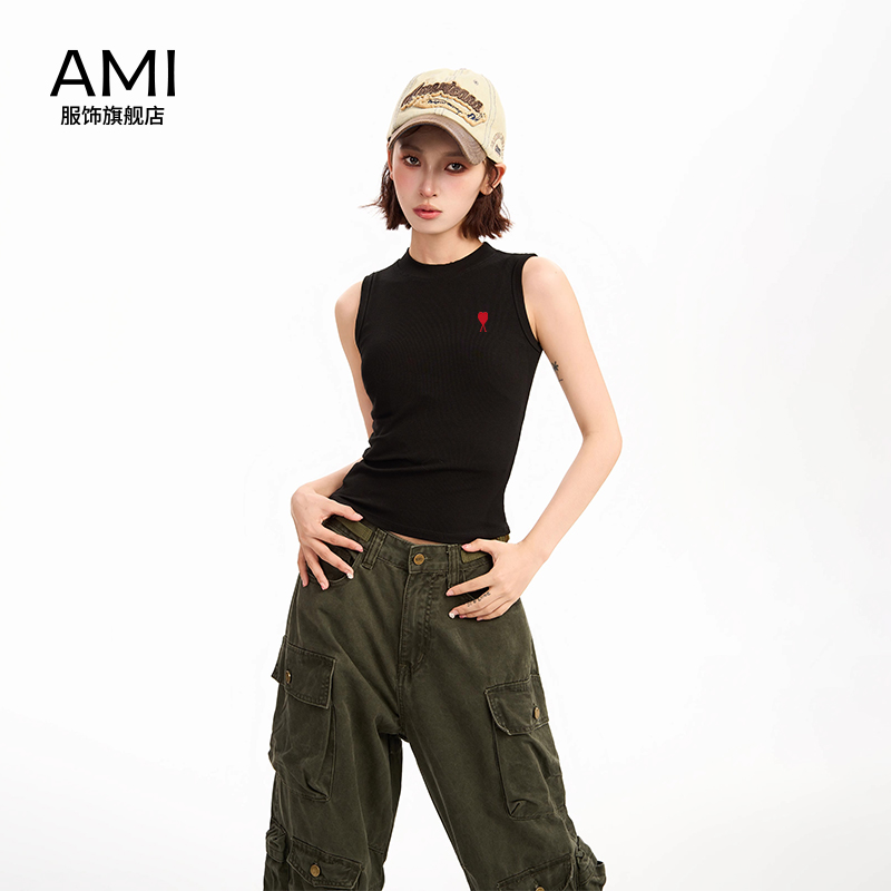 AMI旗舰店美式黑色半高领无袖吊带背心t恤女夏季正品修身显瘦上衣