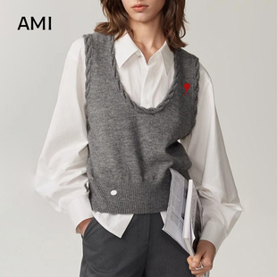 AMI官方美式灰色U型领背心女春秋新款叠穿针织马甲无袖毛衣穿搭上