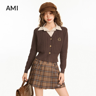 AMI官方美式咖色polo领假两件短款针织毛衣开衫女春秋新款内搭打