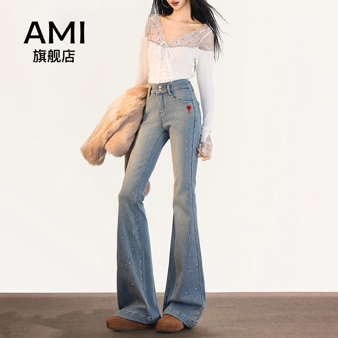 AMI官方美式重工烫钻微喇牛仔裤女新款高腰弹力显瘦不贴腿喇叭裤