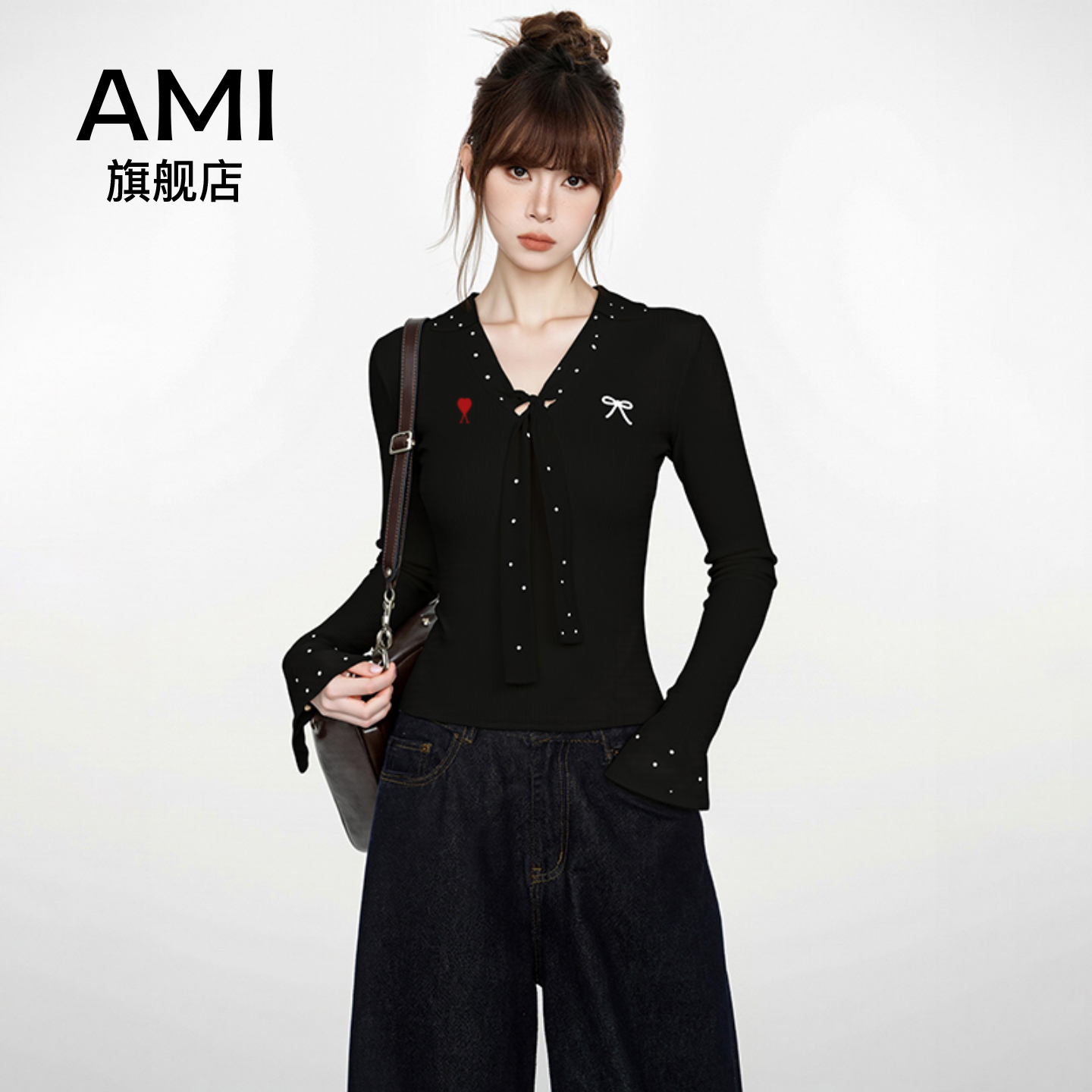 AMI黑色v领波点假两件长袖t恤女秋季秋冬V领修身内搭打底正肩上衣