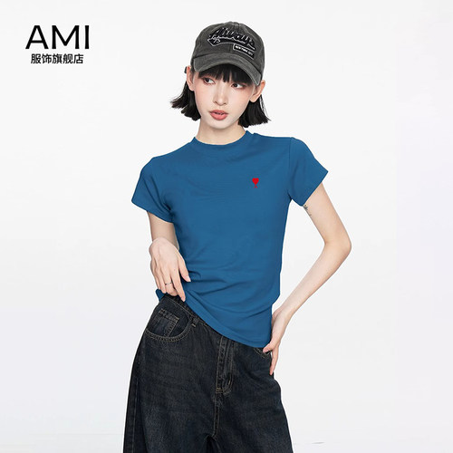 AMI官方美式深蓝色圆领短袖t恤女2026春夏纯棉超好看正肩短款上衣