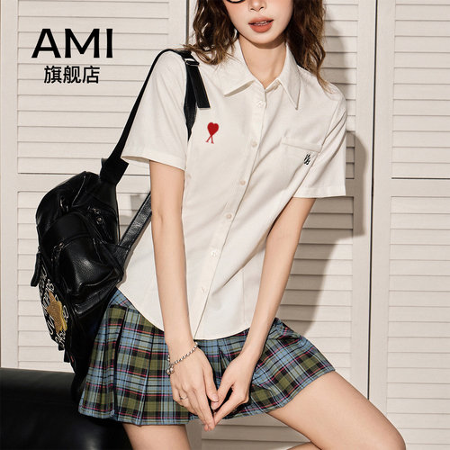 AMI官方白色短袖衬衫女夏季2026新款学院风休闲修身收腰显瘦上衣