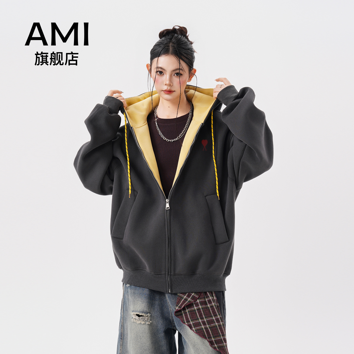 AMI美式复古宽松百搭撞色连帽卫衣外套女男秋季休闲运动开衫情侣
