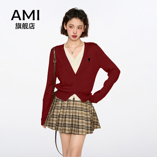 AMI新年红色假两件长袖毛衣针织开衫女冬季短款内搭打底上衣外套