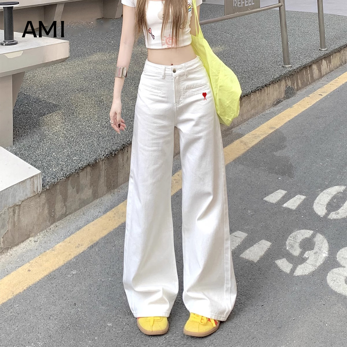 AMI官方美式白色阔腿牛仔裤女2026春秋新款高腰显瘦宽松直筒拖地