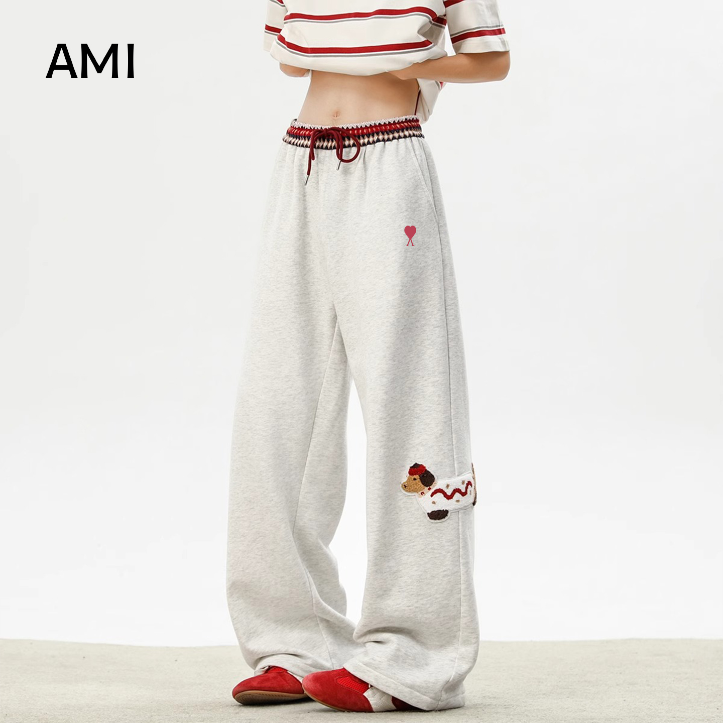 AMI 2025美式腊肠狗卫裤女冬秋腰头拼接设计感正品宽松阔腿长裤