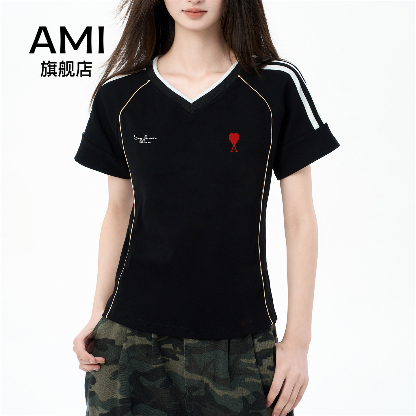 AMI官方美式黑色正肩短袖t恤女夏季修身显瘦运动短款上衣2026新款