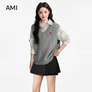 AMI官方美式灰色v领针织马甲背心女春秋新款叠穿坎肩毛衣无袖上衣