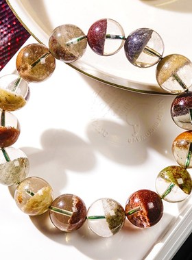 天然水晶四季e幽灵聚宝盆彩幽灵手链红黄绿幽灵单珠彩幽灵男女手