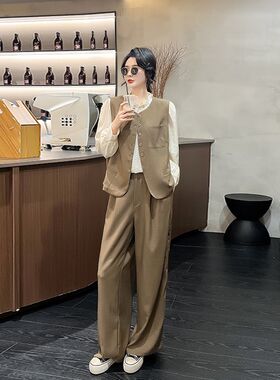 加肥口袋马甲长袖衬衫阔腿长裤三件套胖妹妹韩版时尚洋气显瘦显高