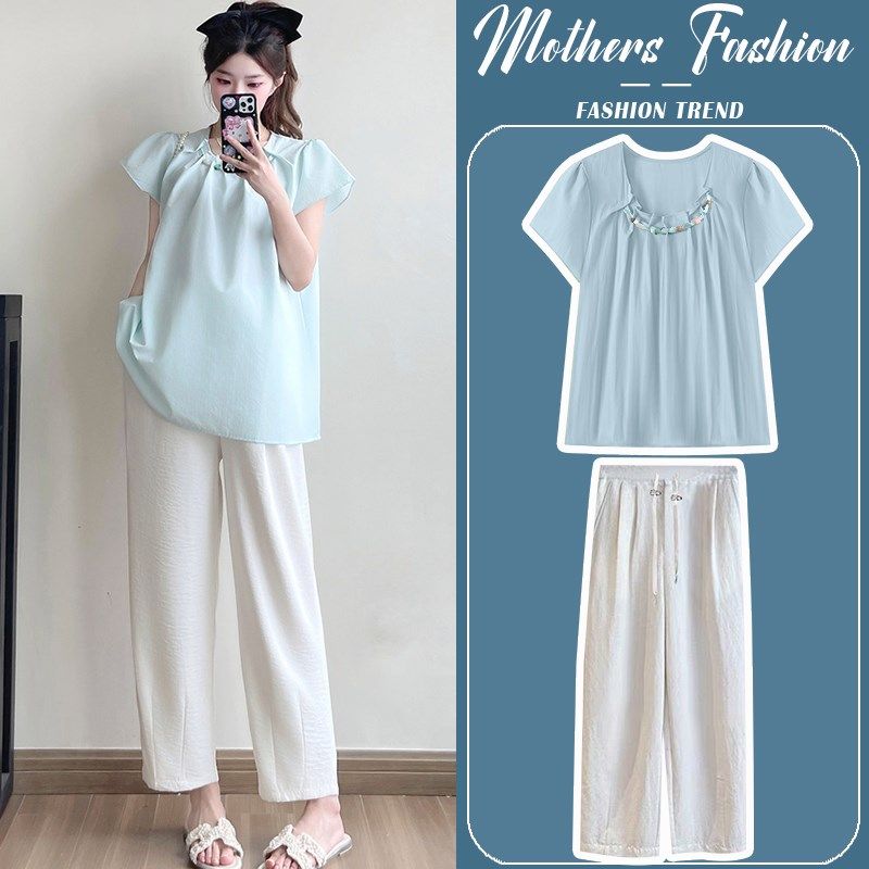 孕妇套装夏季2025新款淡蓝色时尚减龄娃娃衫褶皱上衣裤子两件套女,孕妇装/孕产妇用品/营养,连衣裙,淘宝优惠券,粉丝福利购,淘宝优惠卷