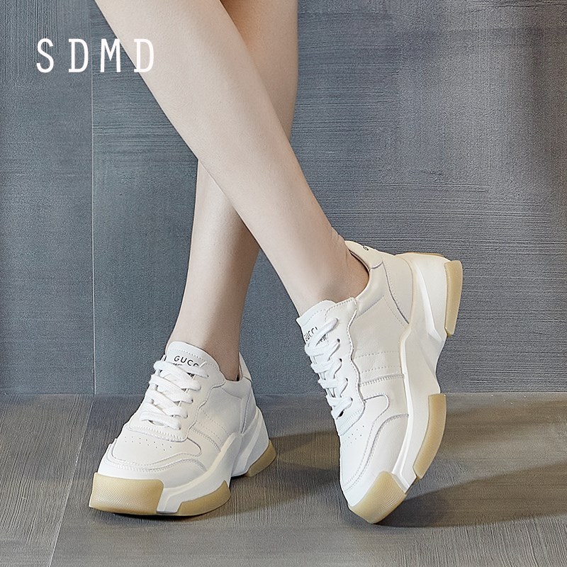 头层牛皮厚底球鞋女圆头中跟系带休闲单鞋深口松S糕底系带运动鞋