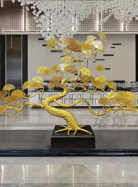 新中式金属迎客松摆件玄关客厅桌面铁艺松树雕塑酒店招财树工艺品