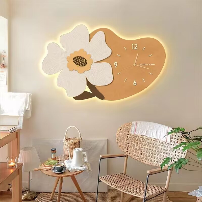 餐厅装饰画网红餐桌背景墙壁客厅挂钟画奶油饭厅墙面钟表发光挂画