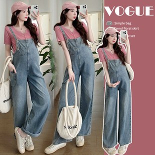 孕妇裤子春夏外穿2025新款抽绳牛仔背带裤针织打底衫短袖套装春季