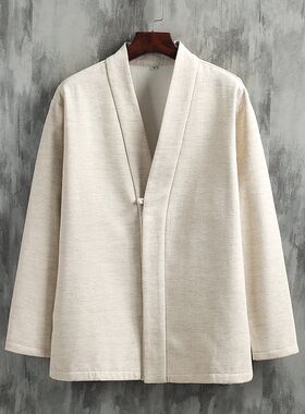 中国风加绒加厚改良汉服男 新中式穿搭I 复古棉麻外套 道袍茶禅服