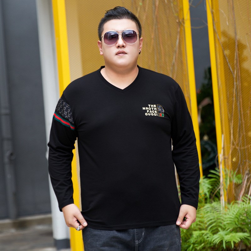 胖子秋季加肥加大码V领t恤u长袖男装薄款特大号宽松打底体恤衫7XL