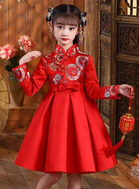 女童旗袍连衣裙秋冬加绒儿童公主裙子红色中国新年拜年唐装演出服