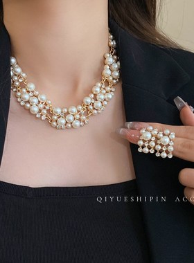 珍珠项链毛衣链轻奢高级感v锁骨链耳环套装法式气质新娘婚纱配饰