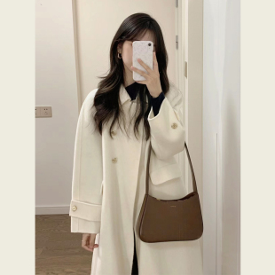 韩系秋冬装温柔风高级感小个子呢子大衣白色显瘦毛呢外套女中长版