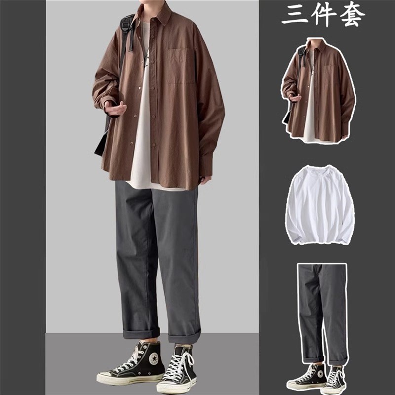 日系长袖衬衫套装男生春秋潮流休闲衬衣外套男装一套W搭配三件套