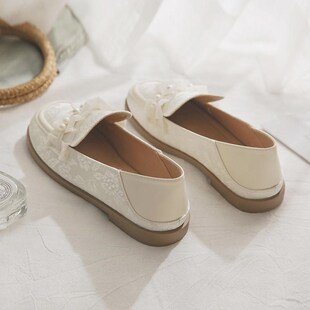 羊皮版~国e风中式旗袍鞋晚晚鞋温柔风配裙子的鞋子平底法式单鞋女