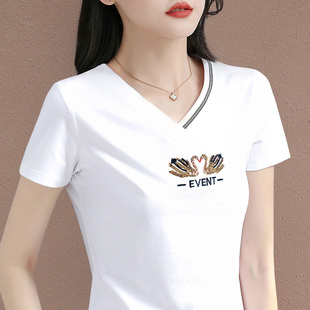 v领白色短袖t恤女2025新款夏季女装洋气爆款上衣中年高端半袖体恤