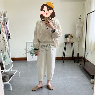 W6栗家铺大码-春季新款韩版胖MM黑白2色百搭休闲西装哈伦裤萝卜裤