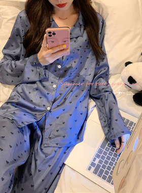2025新款冰雪丝睡衣女春秋夏款蓝色爱心可外穿家居服套装甜美高级