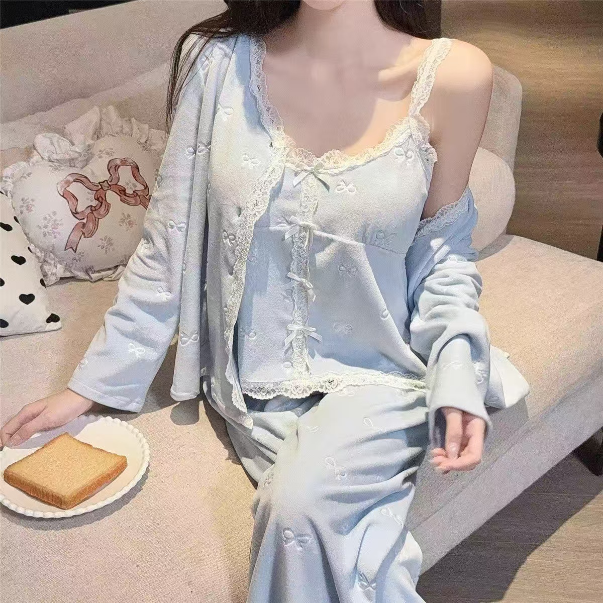 海岛绒加绒保暖可外穿睡衣三件套