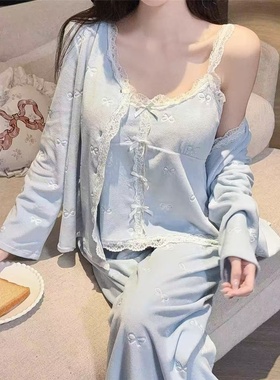 海岛绒睡衣女秋冬季法式性感吊带开衫三件套加绒保暖可外穿家居服