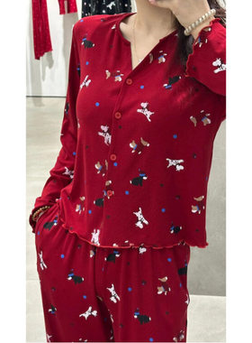 红色卡通印花睡衣女莫代尔长袖家居服套装高级感可外穿圣诞本命年