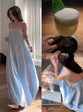 法式水母蓝吊带睡裙女夏款海边