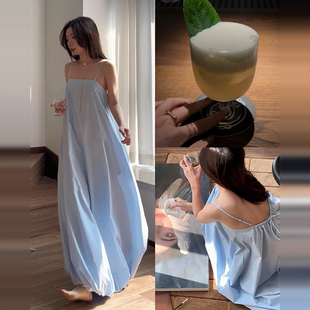 法式水母蓝吊带睡裙女夏款2025新款海边度假风露背性感气质花苞裙