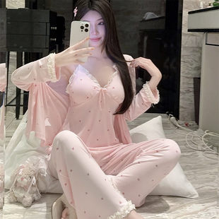 2026新款甜美少女莫代尔睡衣女春秋季纯欲风三件套带胸垫家居服