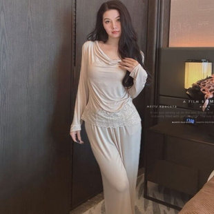 2025新款莫代尔睡衣女春秋季荡领蕾丝拼接法式纯欲家居服两件套