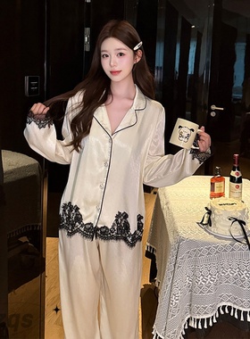 法式睡衣女春秋夏款风情黑色蕾丝拼接冰雪丝缎面2025新款家居服