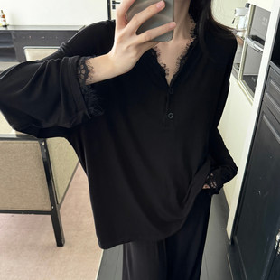 长裤 长袖 花边V领宽松家居服 2026新款 慵懒风莫代尔棉睡衣女春秋季