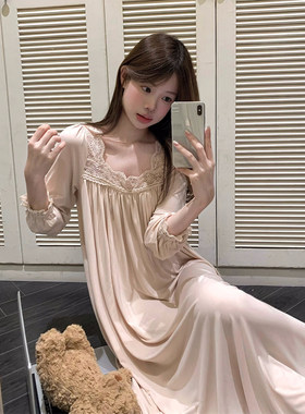 法式蕾丝方领睡裙2026新款莫代尔棉睡衣女春秋季高级感长袖家居服
