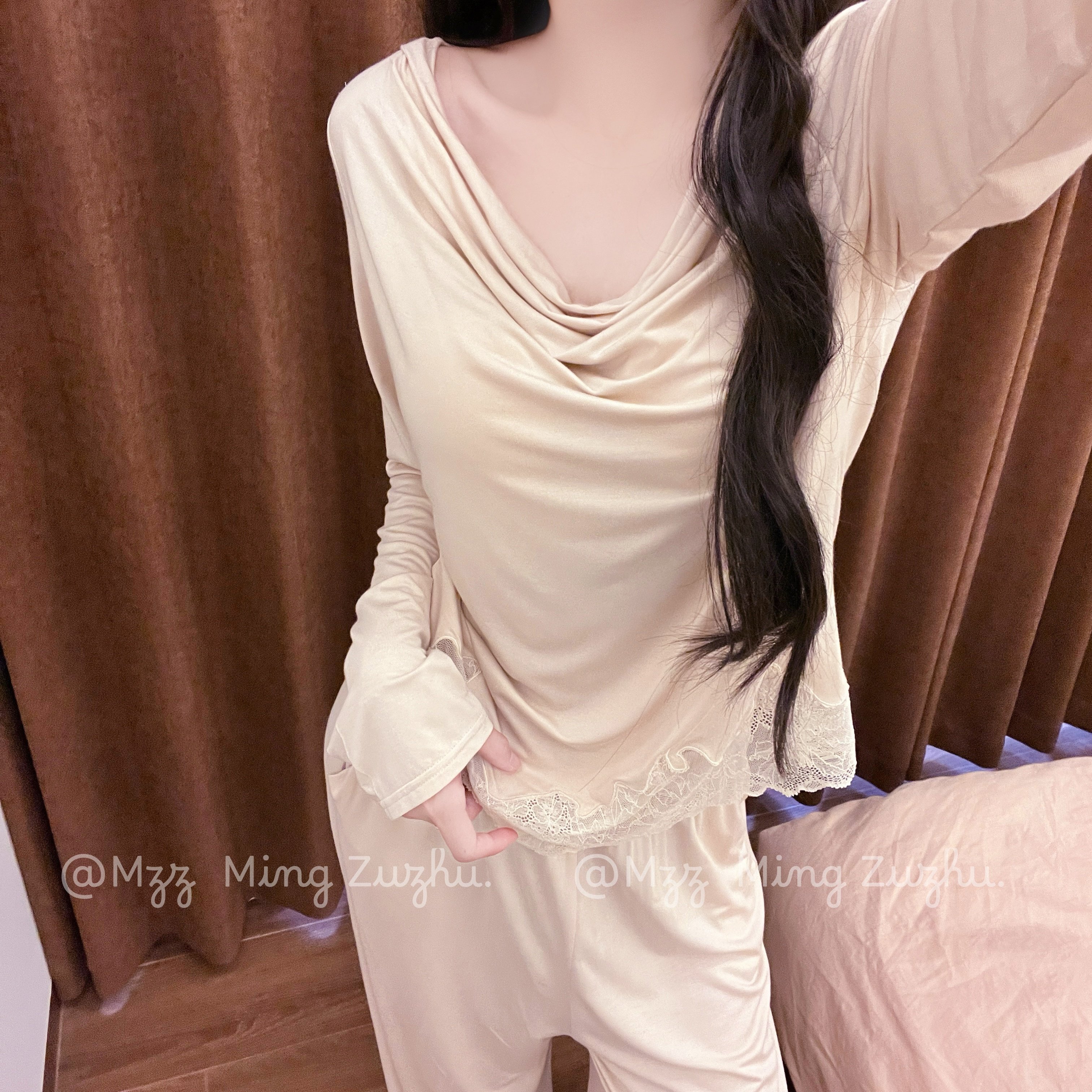 莫代尔蕾丝拼接睡衣女春秋季