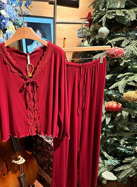 2026新款莫代尔睡衣女春秋季红色新年高级感蕾丝V领本命年家居服