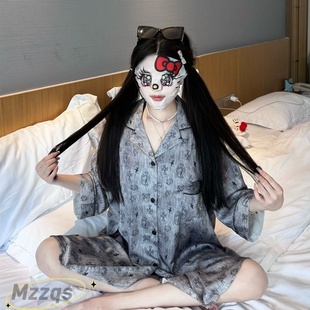冰雪丝绸缎睡衣女夏季 睡裙恶魔Kitty印花高级感夏 2025新款 七分袖